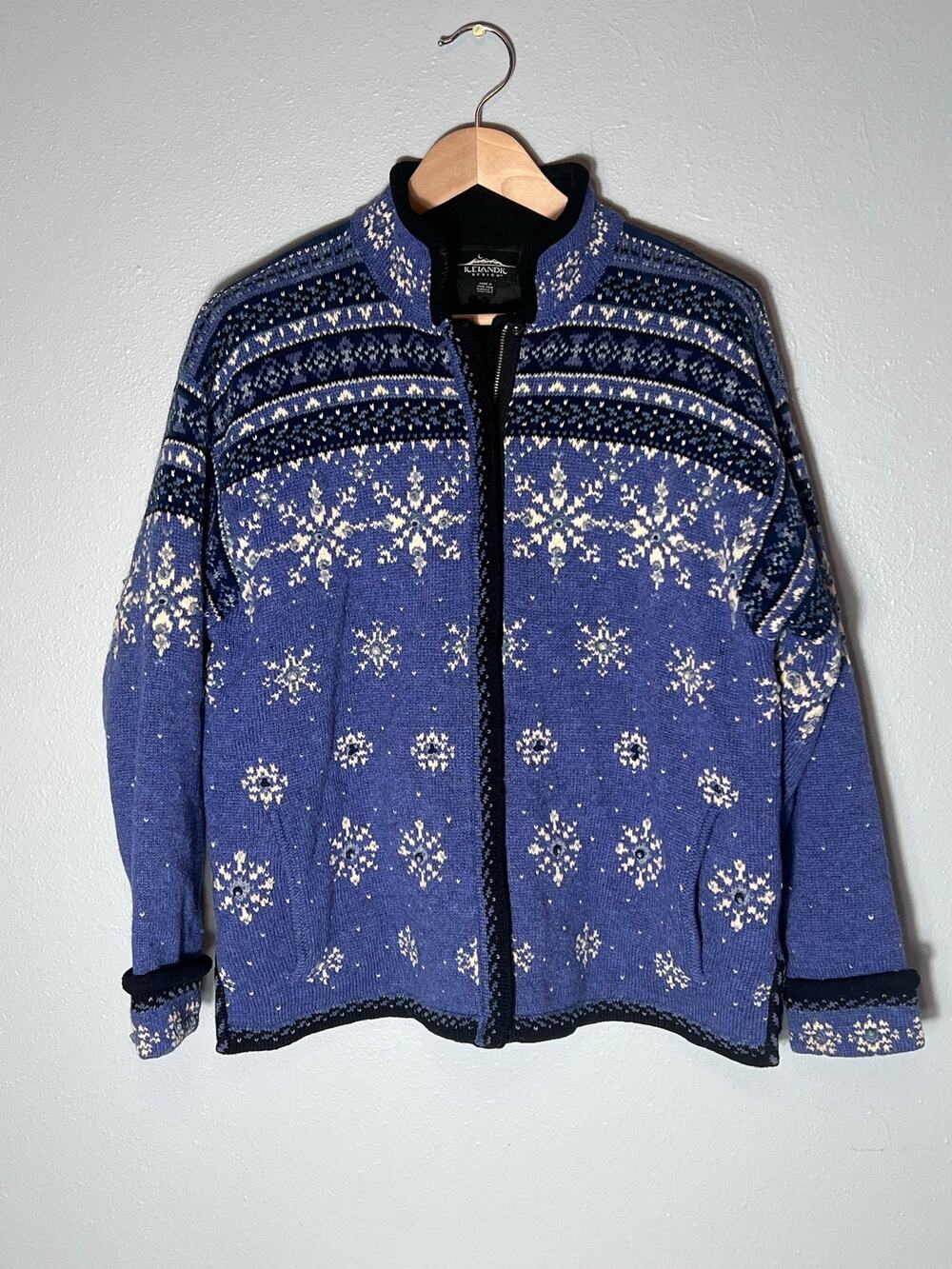 Icelandic Size L Nordic Vtg Sweater Coat Pockets Lined Blue Wool Full Zip Jacket